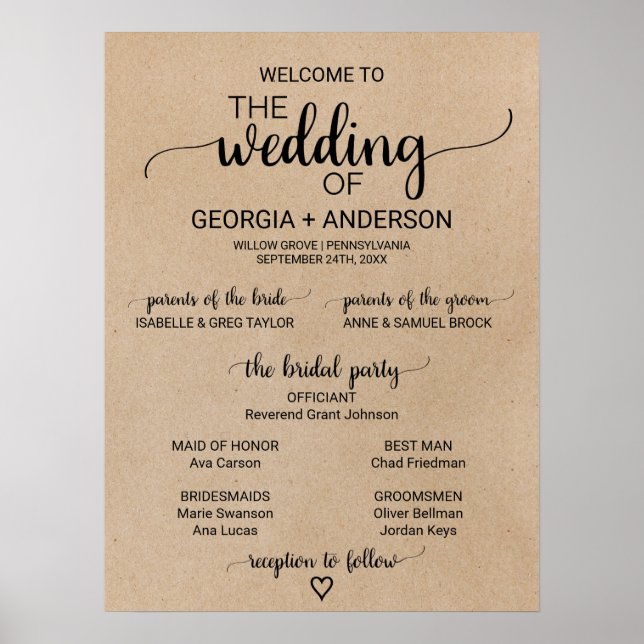 Simple Faux Kraft Calligraphy Wedding Program Poster (Front)