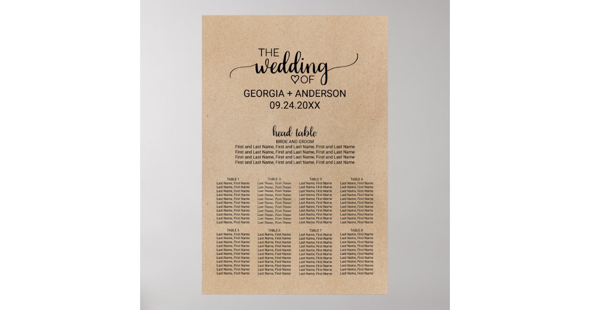 Simple Faux Kraft Head Table Wedding Seating Chart Zazzle