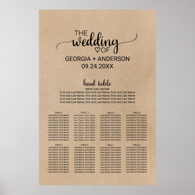 Simple Faux Kraft Head Table Wedding Seating Chart (Front)