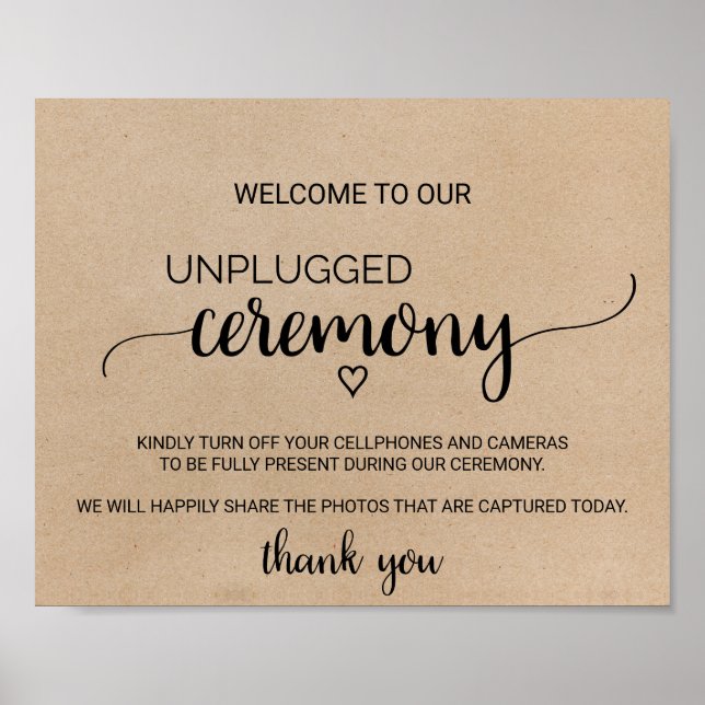 Simple Faux Kraft Unplugged Ceremony Sign (Front)