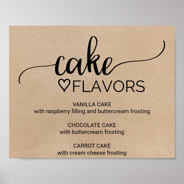 Simple Faux Kraft Wedding Cake Flavors Sign (Front)