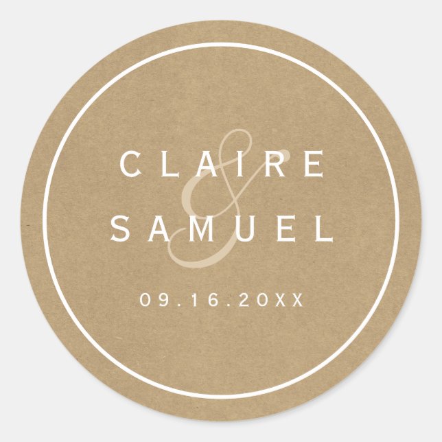 Simple Faux Rustic Kraft Wedding Classic Round Sticker (Front)