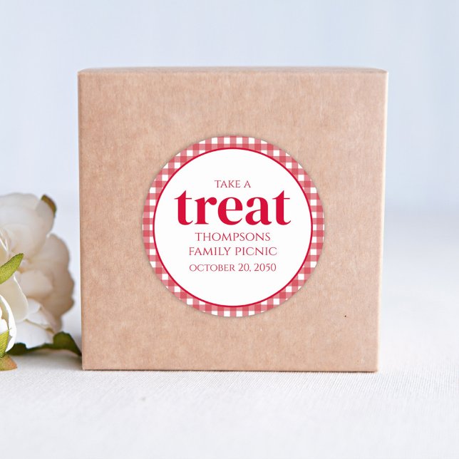 Simple Favor Modern Red Gingham Picnic Treat  Classic Round Sticker (Creator Uploaded)