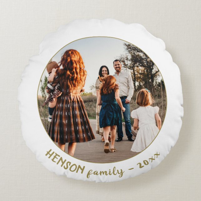 Simple Festive Golden Christmas Family Photo Round Cushion (Front)