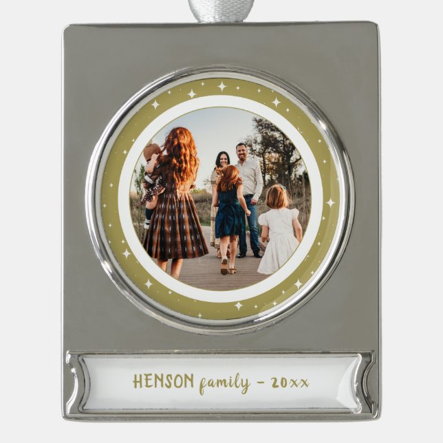 Simple Festive Golden Christmas Family Photo Silver Plated Banner Ornament (Front)