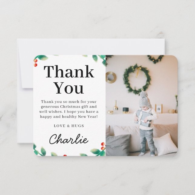 Simple Festive Holly Christmas Photo | Red Thank You Card (Front)