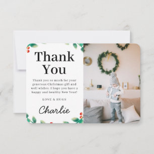 Simple Festive Holly Christmas Photo   Red Thank You Card