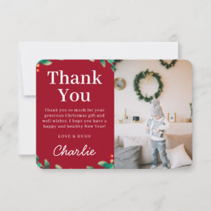 Simple Festive Holly Christmas Photo Red Thank You Card