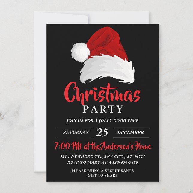 Simple Festive Santa Hat, black Christmas Party Invitation (Front)