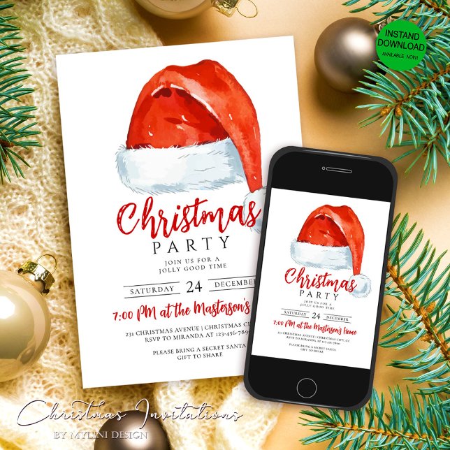 Simple Festive Santas Hat Christmas Party Invitation (Creator Uploaded)