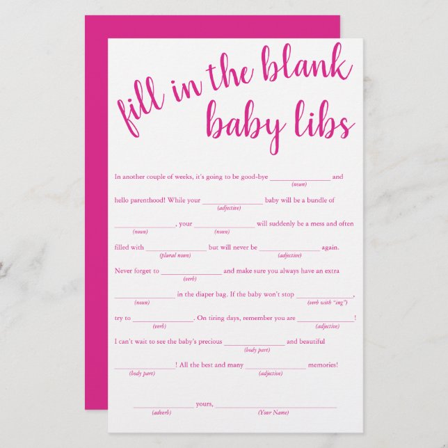 Simple Fill in the Blanks | Hot Pink Shower Game (Front/Back)
