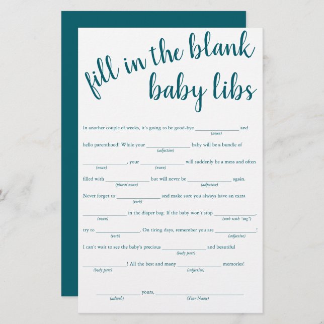 Simple Fill in the Blanks | Teal Aqua Shower Game (Front/Back)