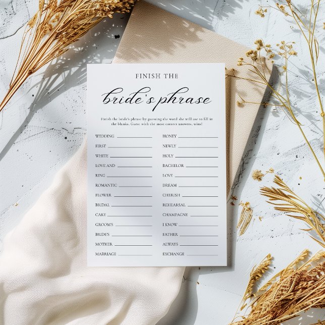 Simple Finish the Bride's Phrase Bridal Game Card (Creator Uploaded)