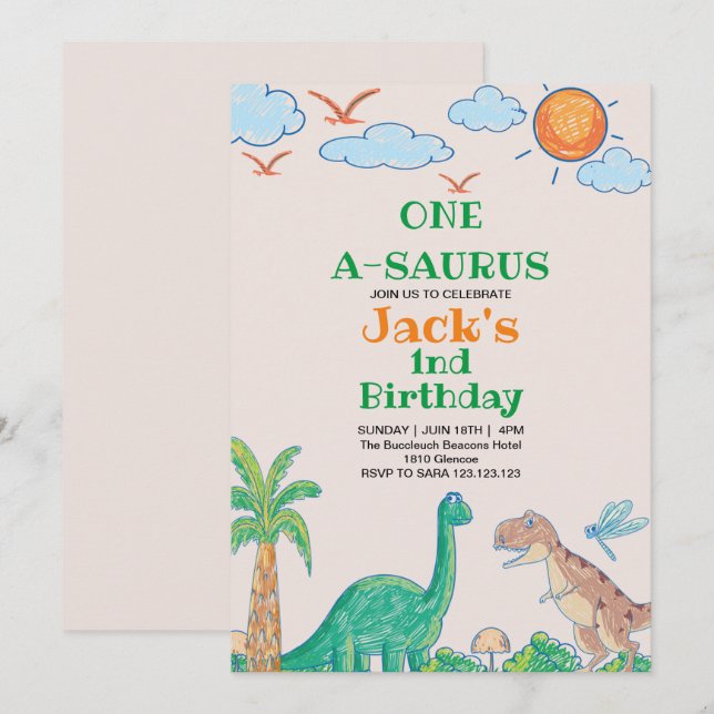 Simple First 1st Birthday Dinosaur  Invitation (Front/Back)