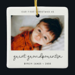 Simple First Christmas as Great Grandparents Photo Ceramic Ornament<br><div class="desc">A minimalist typography and a modern design for this photo ornament gift. To customise with your favourite baby picture. You can also easily change the colour of the font to your liking. Perfect to celebrate your First Christmas as Great Grandparents.</div>