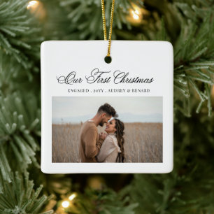 Simple First Christmas Engaged Script Couple Photo Ceramic Ornament