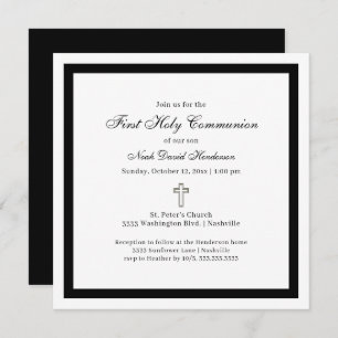 Simple First Holy Communion Black White Invitation