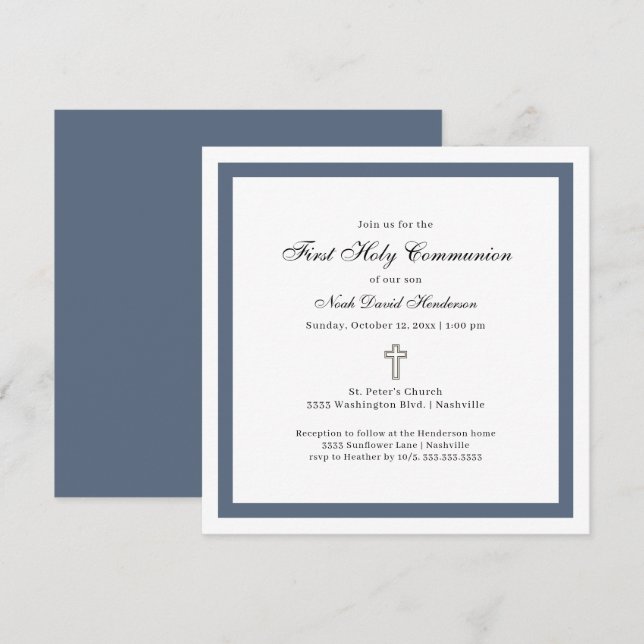 Simple First Holy Communion Blue White Invitation (Front/Back)