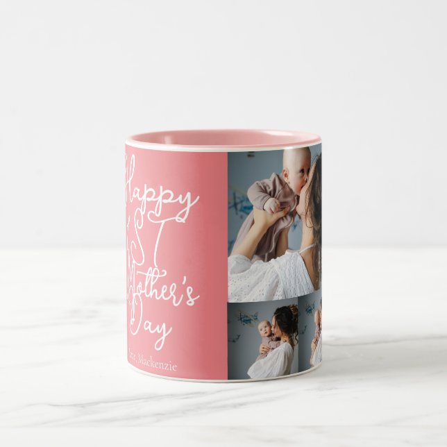Simple first Mother Days Gift Three Photo Collage  Two-Tone Coffee Mug (Center)