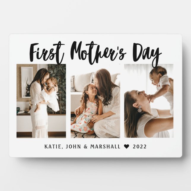 Simple First Mother’s Day Calligraphy 3 Photo Gift Plaque (Front)