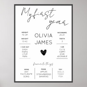 Simple first year first birthday milestone poster