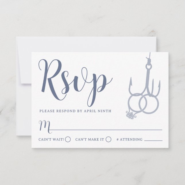 Simple Fishing Hook Wedding Rings RSVP Card Steel (Front)