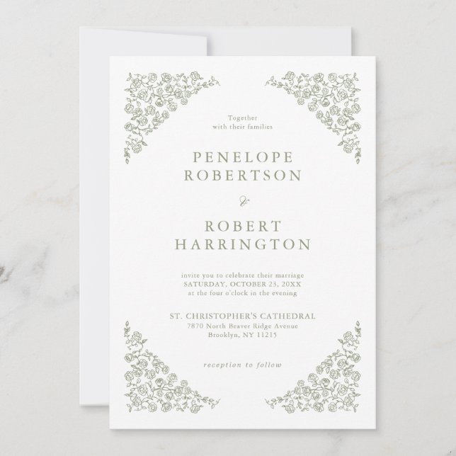 Simple Floral All in one Detail Sage Green Wedding Invitation (Front)