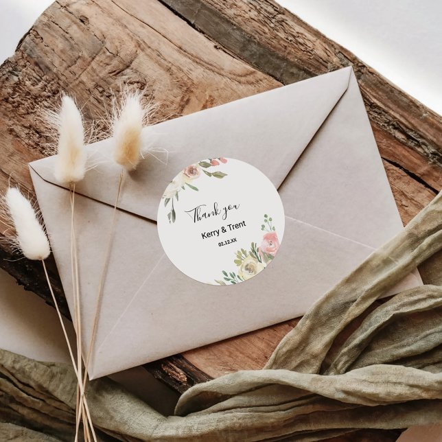 Simple Floral and Greenery Thank You Favour Classic Round Sticker (Creator Uploaded)