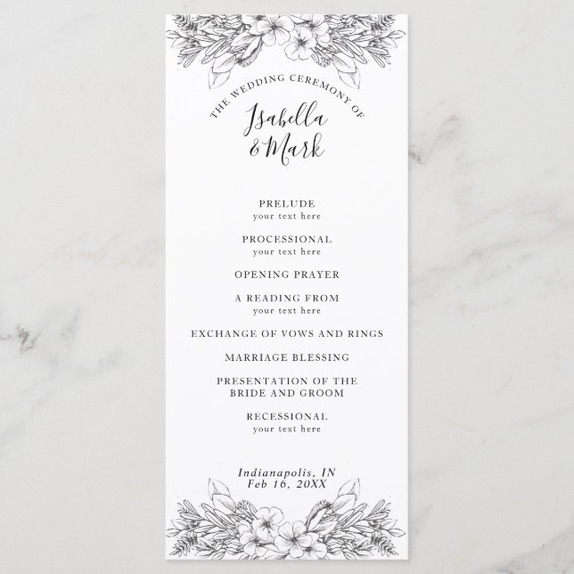 Simple Floral Black and White Wedding Program Programme (Front)