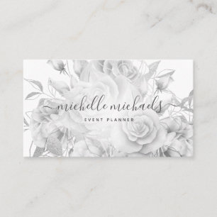 Simple Floral Black & White Modern Script  Business Card
