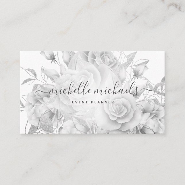 Simple Floral Black & White Modern Script  Business Card (Front)