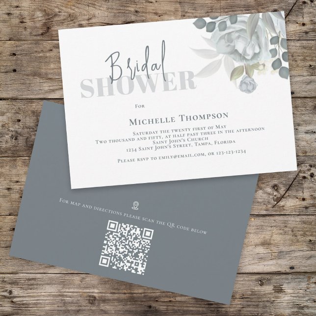 Simple Floral Bridal Shower Blue QR Code Map Invitation (Creator Uploaded)