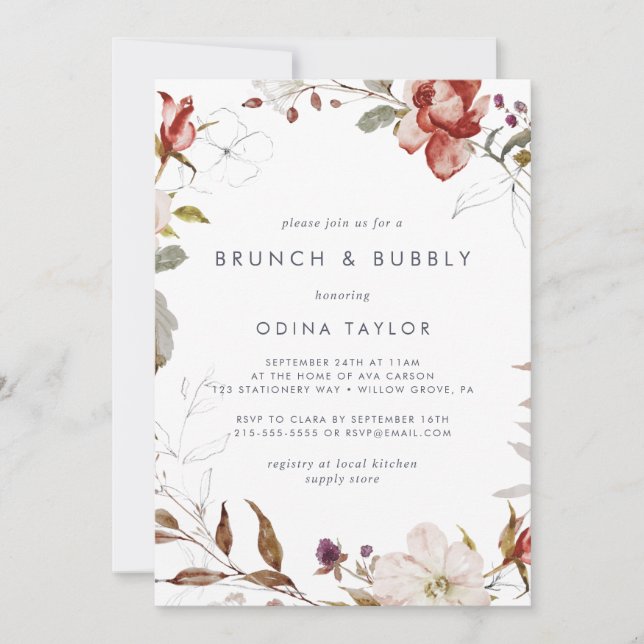 Simple Floral Brunch and Bubbly Bridal Shower Invitation (Front)
