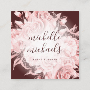 Simple Floral Burgundy & Rose Gold Modern Script Square Business Card
