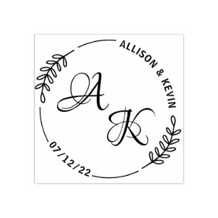 Simple Floral Couple Monogram Wedding Rubber Stamp