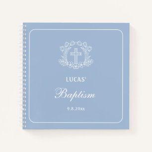 Simple Floral Cross on Blue Baptism Guest Book