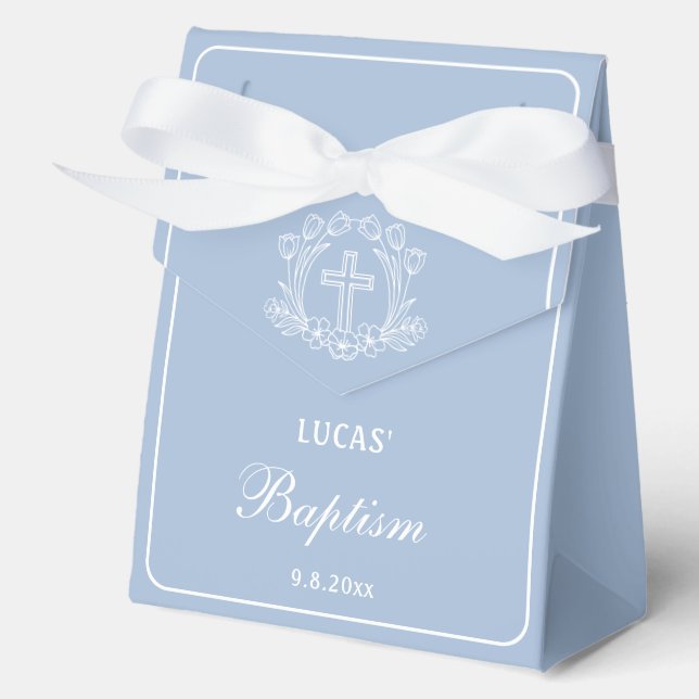 Simple Floral Cross on Light Blue Baptism Big Tent Favour Box (Front)