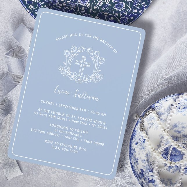 Simple Floral Cross on Light Blue Baptism Invitation (Creator Uploaded)