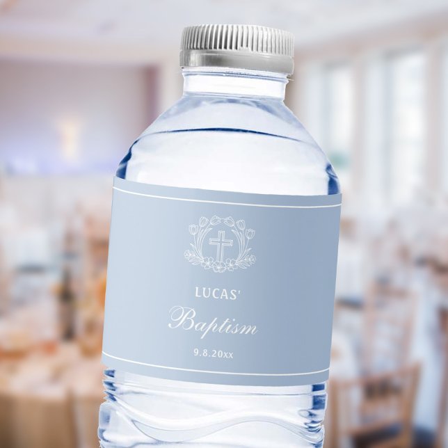 Simple Floral Cross on Light Blue Baptism Water Bottle Label (Creator Uploaded)