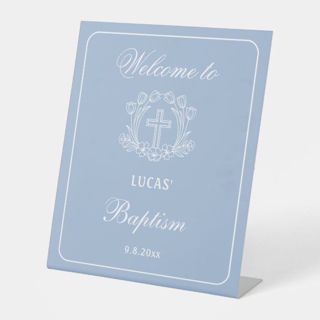Simple Floral Cross on Light Blue Baptism Welcome Pedestal Sign (Front)