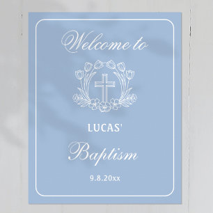 Simple Floral Cross on Light Blue Baptism Welcome Poster