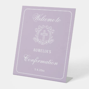 Simple Floral Cross on Lilac Confirmation Welcome Pedestal Sign
