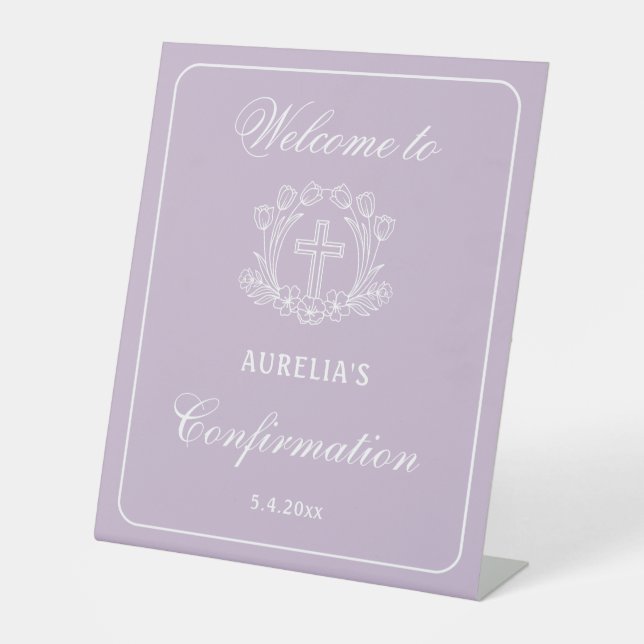Simple Floral Cross on Lilac Confirmation Welcome Pedestal Sign (Front)