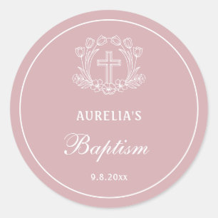Simple Floral Cross on Pink Baptism Classic Round Sticker