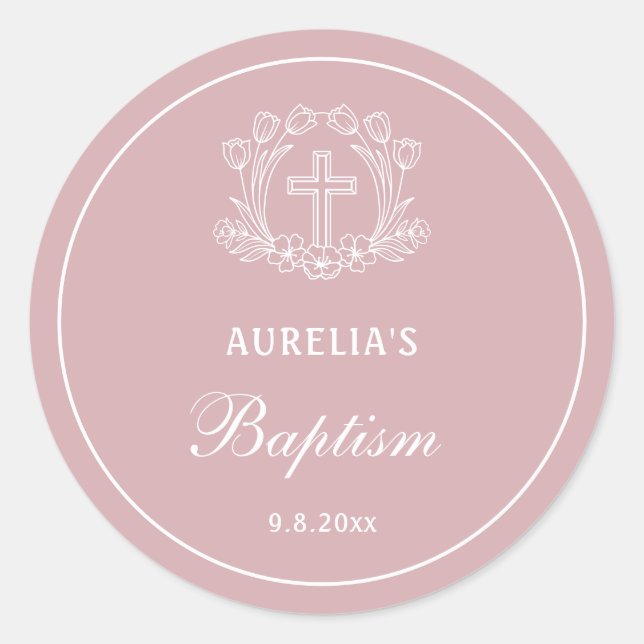 Simple Floral Cross on Pink Baptism Classic Round Sticker (Front)