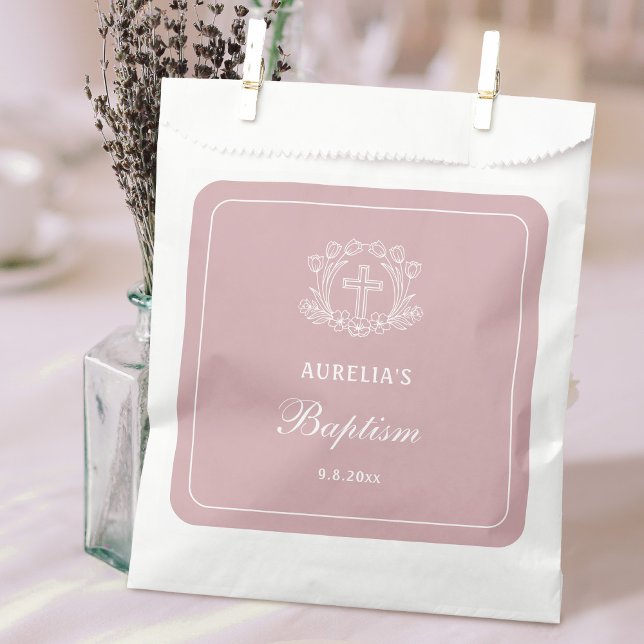 Simple Floral Cross on Pink Baptism Favour Bags (Creator Uploaded)
