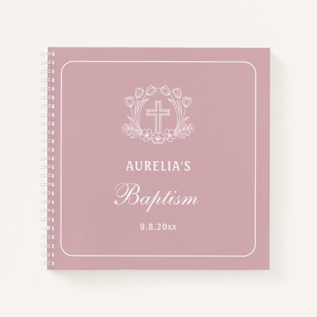 Simple Floral Cross on Pink Baptism Guest Book (Front)