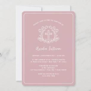 Simple Floral Cross on Pink Baptism Invitation