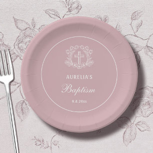 Simple Floral Cross on Pink Baptism Paper Plate