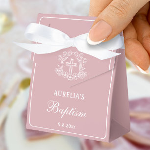 Simple Floral Cross on Pink Baptism Small Tent Favour Box